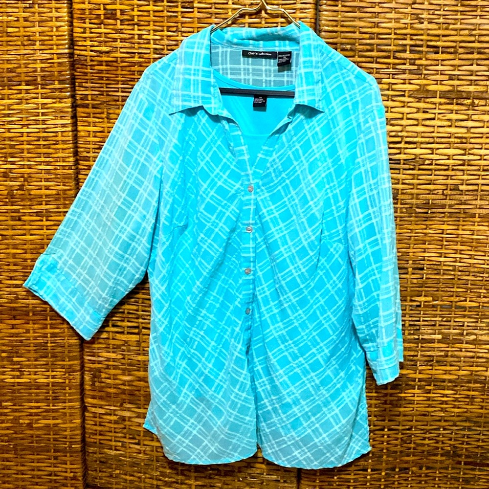 EUC Club Z Collection Blue Plaid Three Quarter Sleeve Attached tank button up 2X